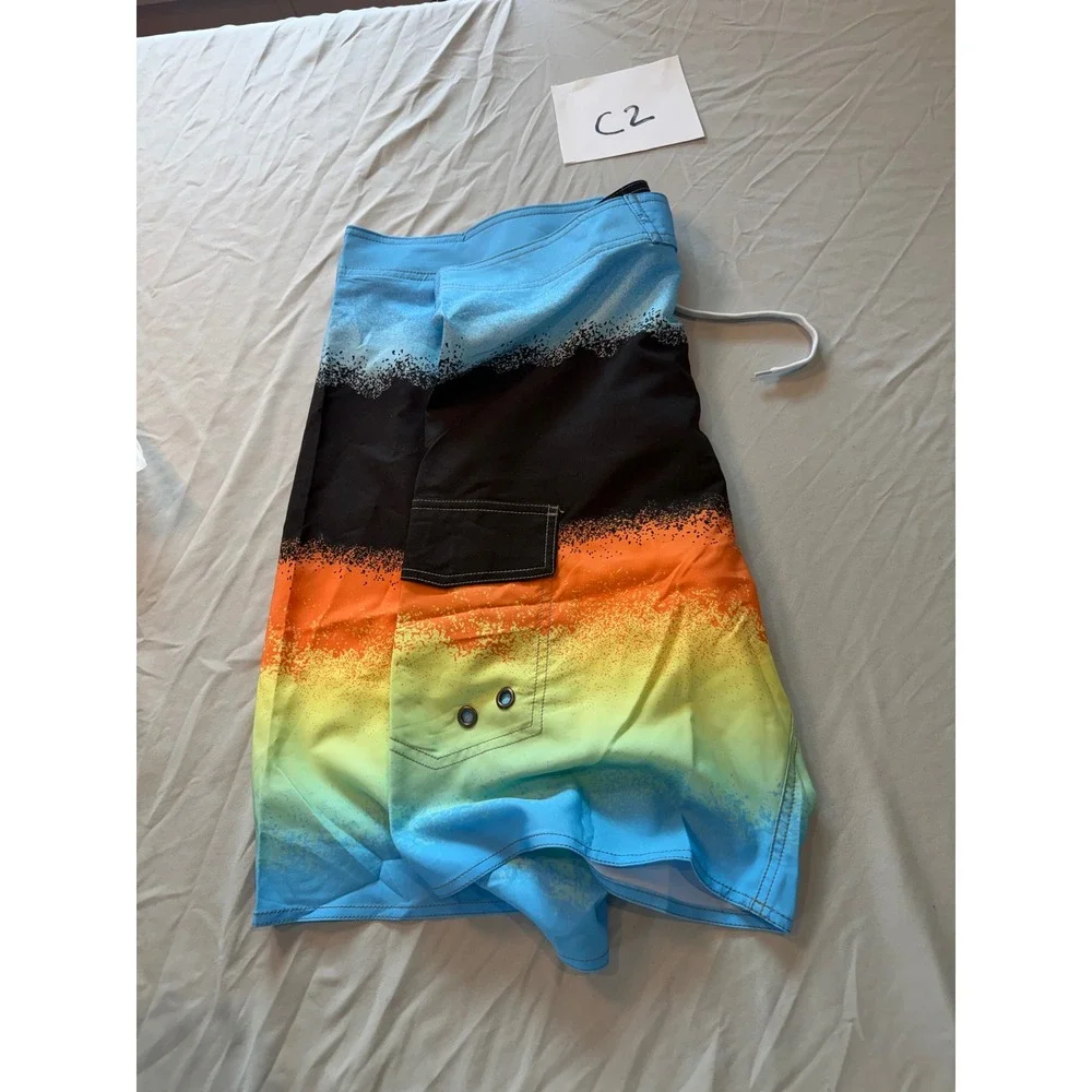 Mens Gradient Spray Paint Board Shorts‎ Blue Orange Yellow Size 36 Swim Trunks